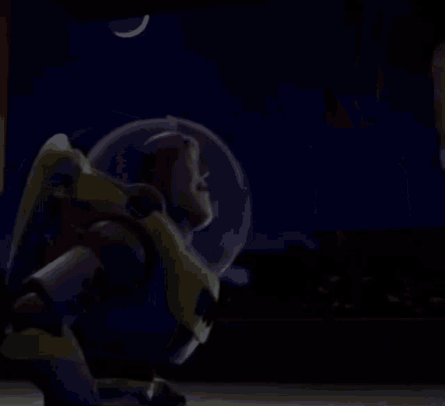 a toy story character named buzz lightyear stands in the dark