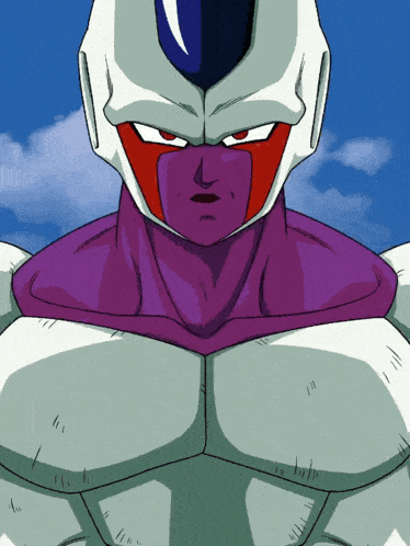 a close up of a cartoon character with a purple and red face