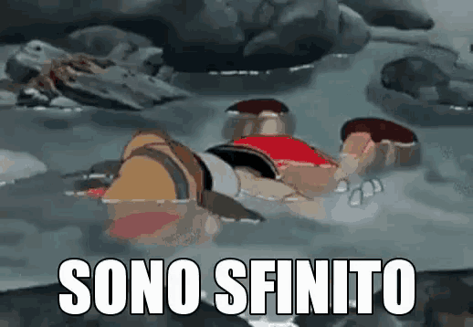 a cartoon character is laying in the water with the words sono sfinito written on the bottom .