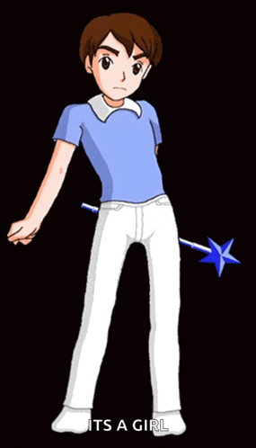 a boy in a blue shirt and white pants is holding a blue wand and the words " it 's a girl " are below him
