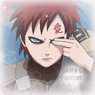 a close up of a person 's face with the name gaara de hermes on the bottom right