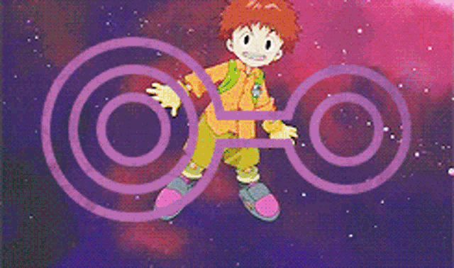 a cartoon character is flying through a purple circle with the letter o on it