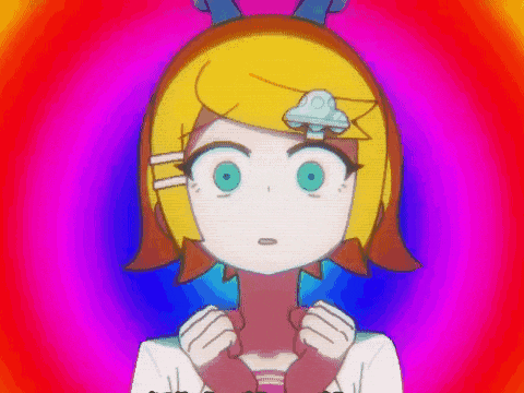 a cartoon girl with yellow hair and blue eyes is standing in front of a rainbow colored background .