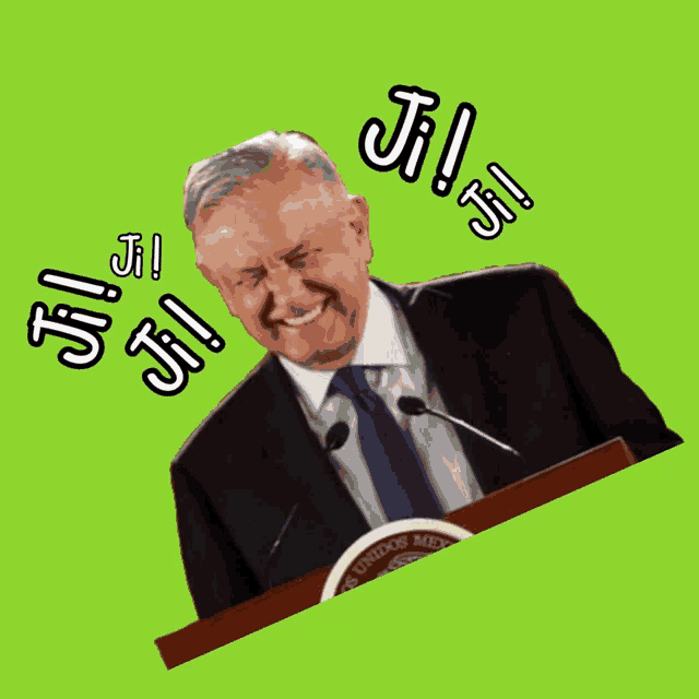 a man in a suit and tie is behind a podium with ji ji ji written around him