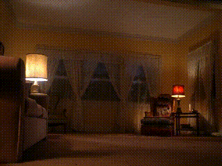 a picture of a living room with a lamp and a couch
