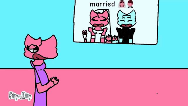 a cartoon of a couple getting married with the word married on the screen
