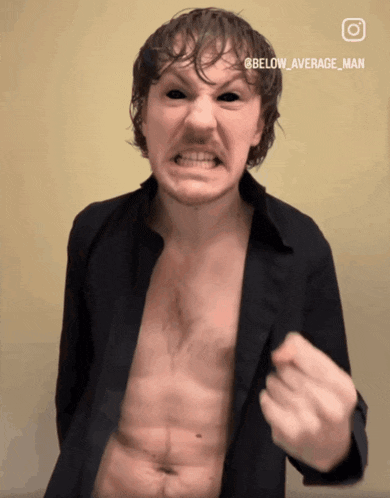 a man without a shirt is making a funny face with the hashtag below average man