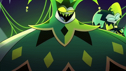 a cartoon character is wearing a green and yellow outfit with diamonds and a huge smile on his face .