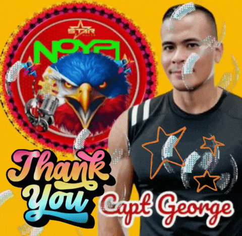 a man is standing in front of a sign that says " thank you "