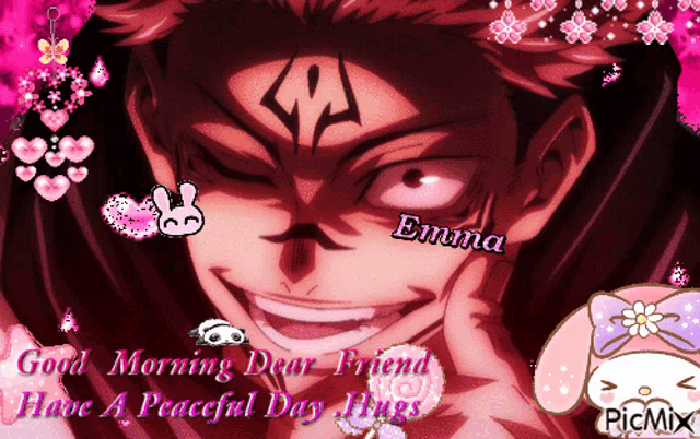 a picture of a demon with the words good morning dear friend have a peaceful day hugs on it