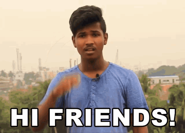 a young man says hi friends in front of a city skyline