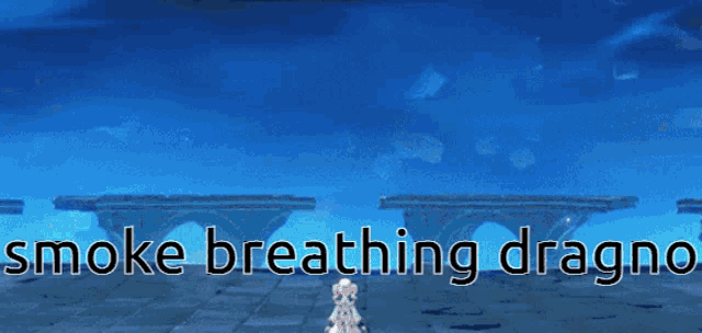a smoke breathing dragon is flying over a bridge in a video game .