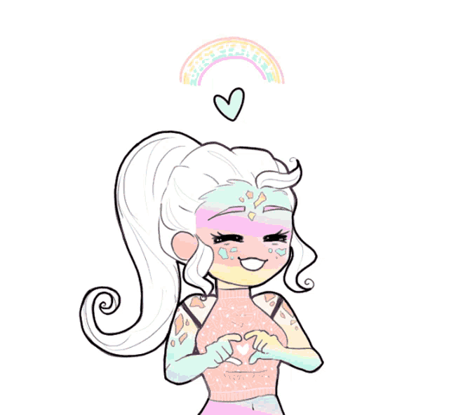 a drawing of a girl with a rainbow behind her