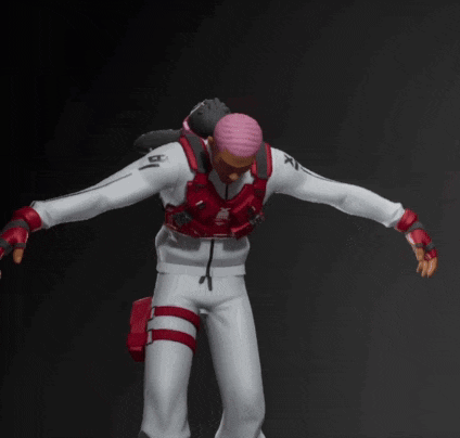 a 3d model of a man with pink hair wearing a red vest with the word x on it