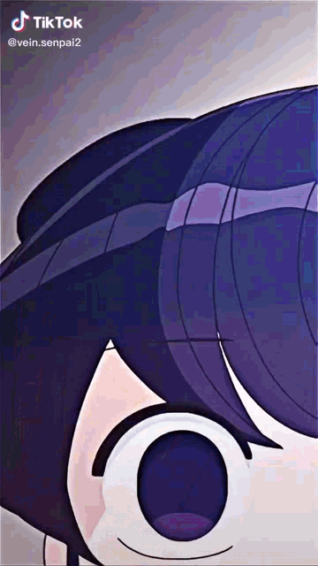 a close up of a cartoon character 's face with purple hair and a hat .