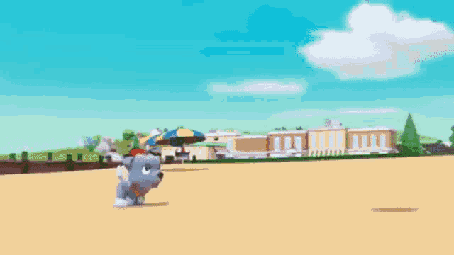a cartoon dog is playing with a beach ball on a beach .