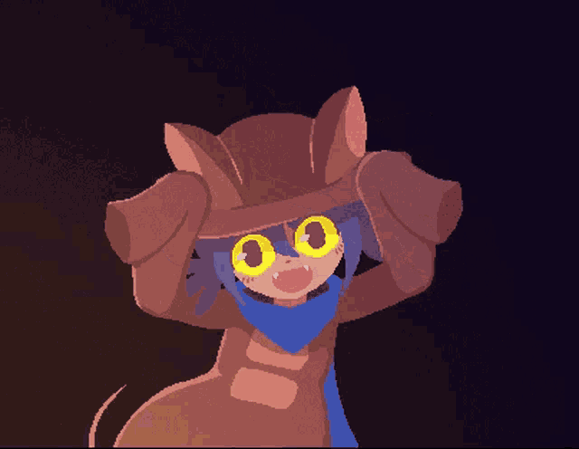 a pixel art drawing of a cartoon character with big yellow eyes
