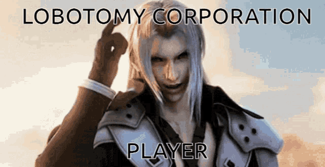 a lobotomy corporation player is making a funny face with his finger up