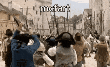 a group of people are walking down a street and the word mcfart is on the bottom