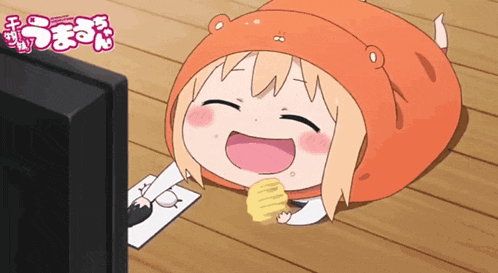a cartoon character is eating chips while laying on the floor in front of a television