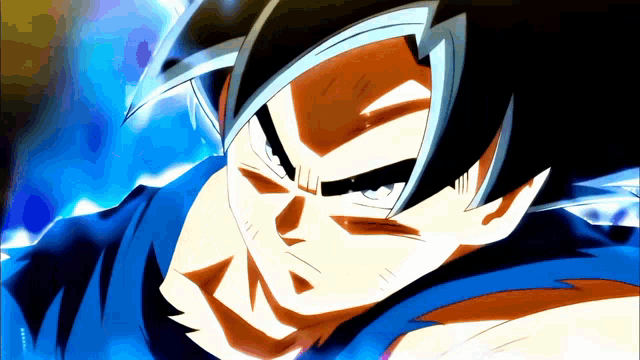 a close up of a cartoon character with a blue shirt on