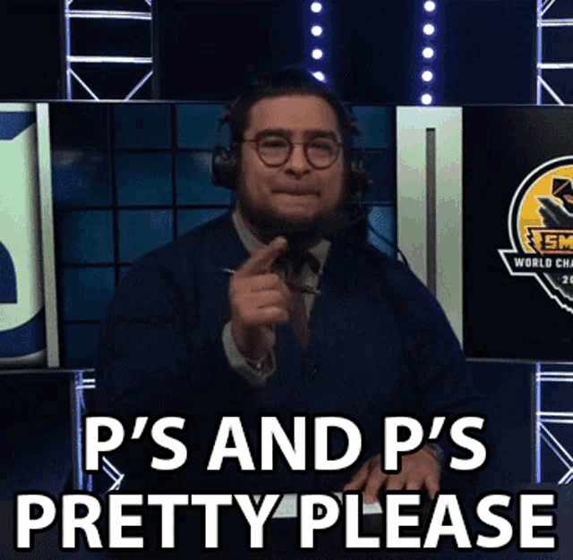 a man wearing headphones says p 's and p 's pretty please in front of a world championship logo