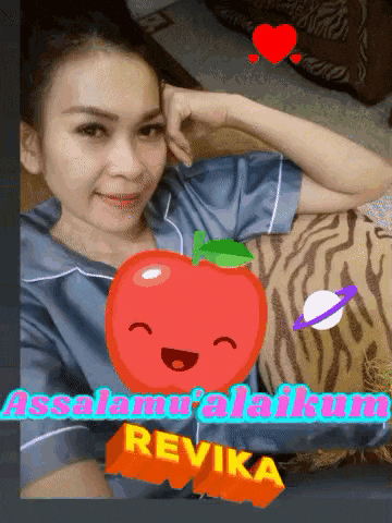 a picture of a woman with an apple and the words " revika "