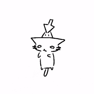 a black and white drawing of a cat wearing a witch hat with a star on top .