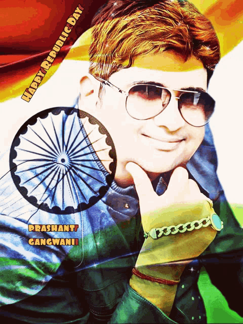 a man wearing sunglasses and a bracelet with the name prashant gangwani on the bottom