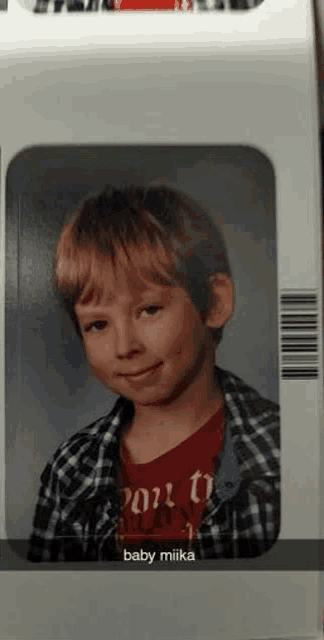 a young boy wearing a plaid shirt and a red shirt is smiling for a picture .