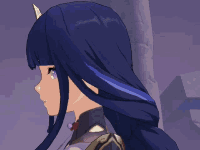 a close up of a person 's face with purple hair and horns
