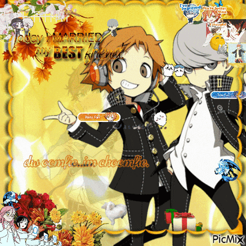 a couple of anime characters standing next to each other with the words " today i married my best friend " above them