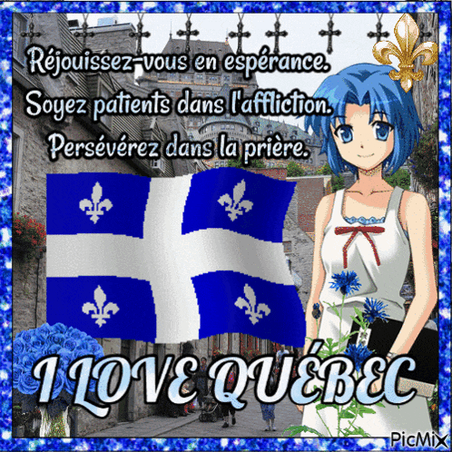 a girl with blue hair is standing in front of a flag that says " i love quebec "