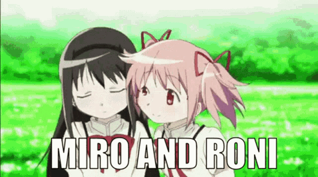two anime girls standing next to each other with the words " miro and roni " written above them