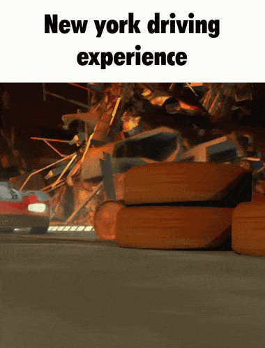a new york driving experience advertisement with a cartoon scene in the background