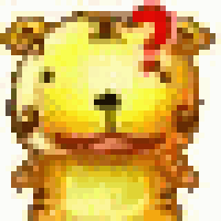 a pixel art drawing of a yellow dog with a red question mark on its head .