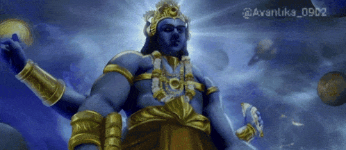 a blue and gold statue of a deity with the number 0902 on the bottom right