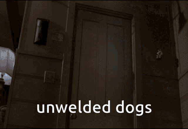a man in a jason voorhees costume stands in front of a door with the words " unwelded dogs " written below