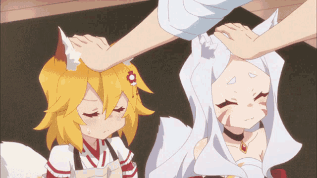 a man petting a girl 's head with a flower in her hair