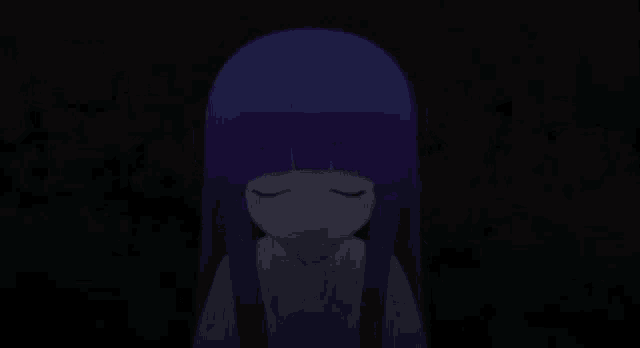 a girl with purple hair and blue eyes is standing in the dark with her mouth open .
