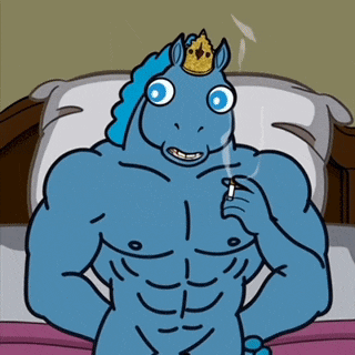 a blue cartoon unicorn with a crown on his head smoking a cigarette