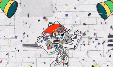 a cartoon character is surrounded by confetti and a brick wall