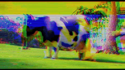 a cow is standing in a field with a tree in the background and a colorful background .