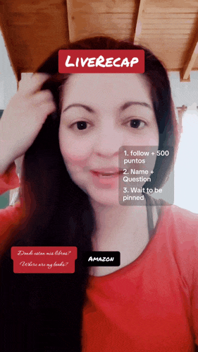 a woman in a red shirt has a liverecap app on her phone