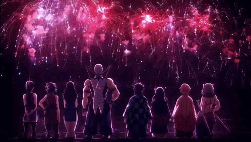 a group of anime characters are watching fireworks in the night sky