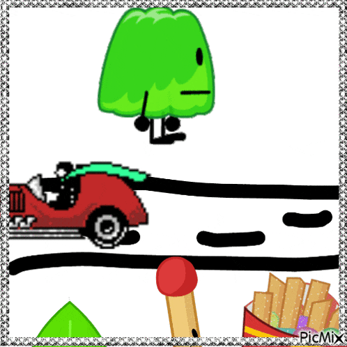 a red car is driving down a road next to a match and a box of fries
