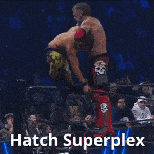 a wrestling match with the words hatch superplex written on the bottom