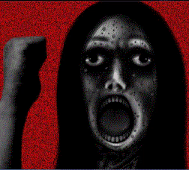 a black and white image of a woman with her mouth open and a fist in the air