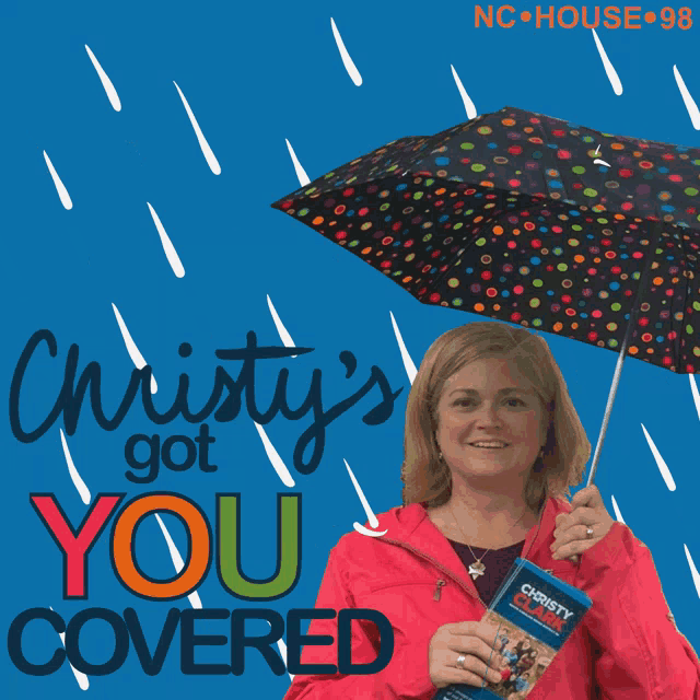 an advertisement for christy 's got you covered shows a woman holding an umbrella and a book