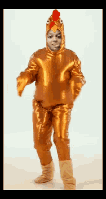 a person in a chicken costume with a face on it